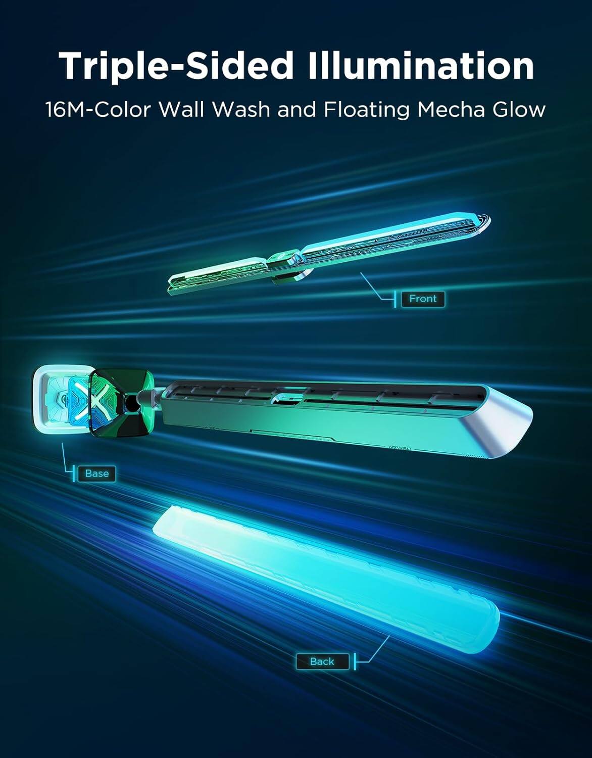 Triple-Sided Illumination  
16M-Color Wall Wash and Floating Mecha Glow  
Front  
Base  
Back