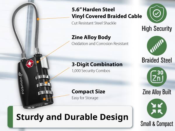 5.6" Harden Steel Vinyl Covered Braided Cable Cut Resistant Steel Shackle High Security
Zine Alloy Body Oxidation and Corrosion Resistant
3-Digit Combination 1,000 Security Combos
Compact Size Easy for Storage
Braided Steel 30 Zn Zine Alloy Built
Sturdy and Durable Design Small & Compact