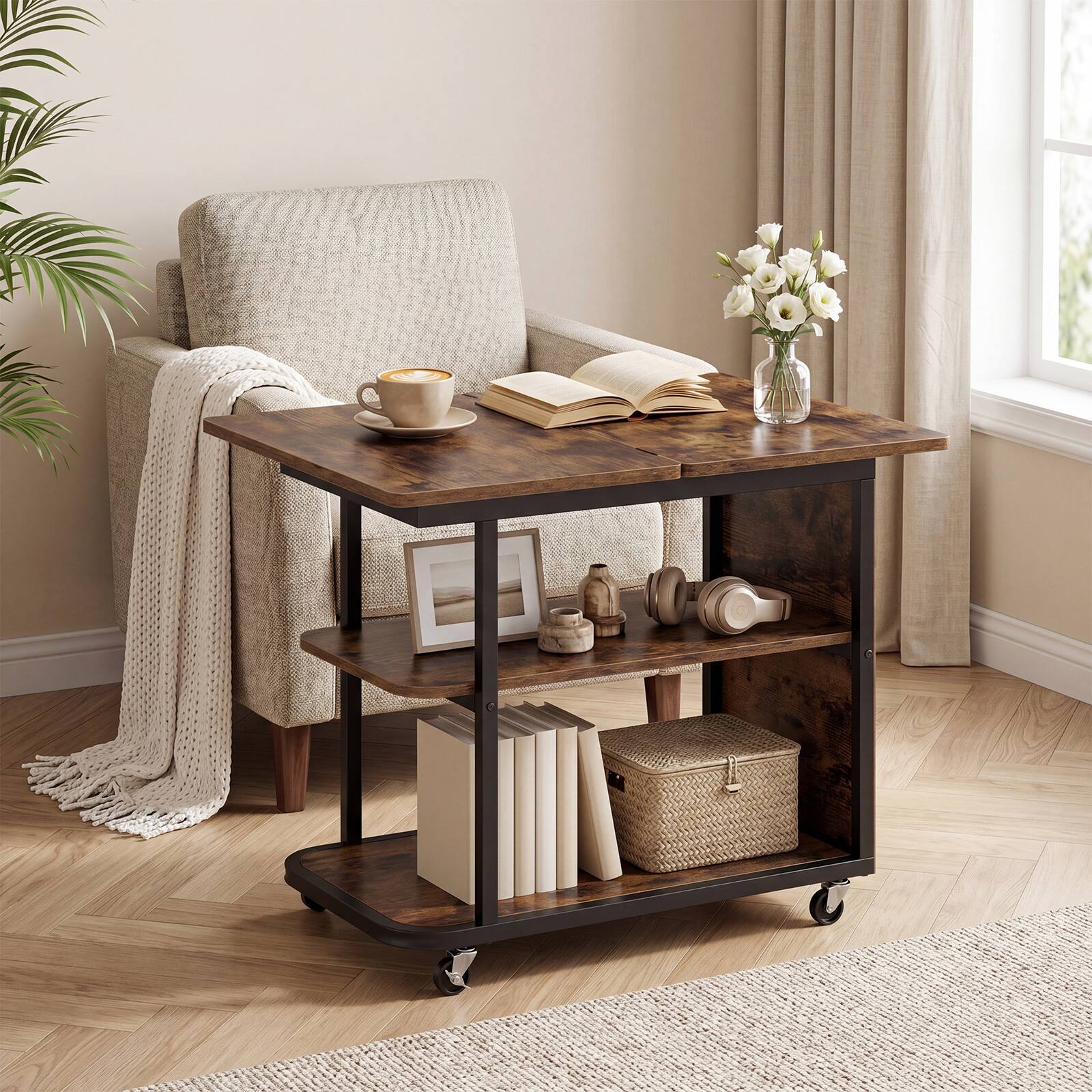 Alt View 3. Costway - Costway 2 PCS Sofa Side Table, Mobile Night Stand with Foldable Swivel Top, 2-Tier Shelf - Rustic Brown & Black.