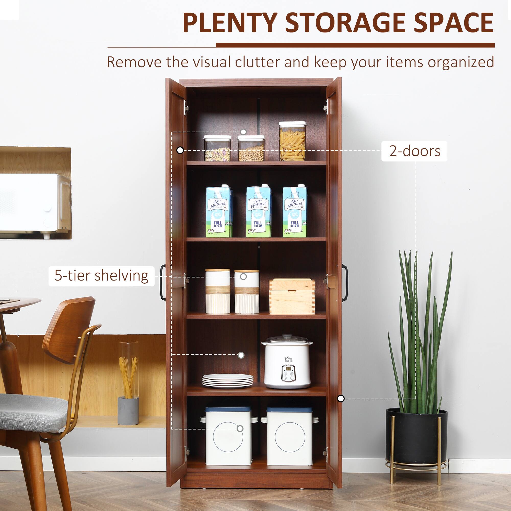 PLENTY STORAGE SPACE, Remove the visual clutter and keep your items organized, 2-doors, 5-tier shelving.