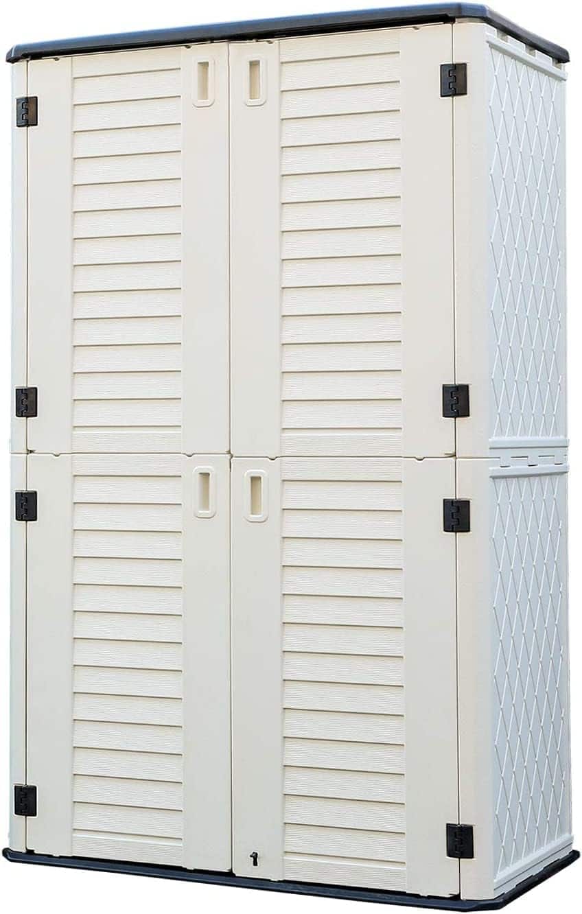 Yardgrace - 66 Cu.ft Waterproof Resin Vertical Storage Shed, Lockable. Outdoor Storage Box for Garden, Backyard, Home & Pool - White