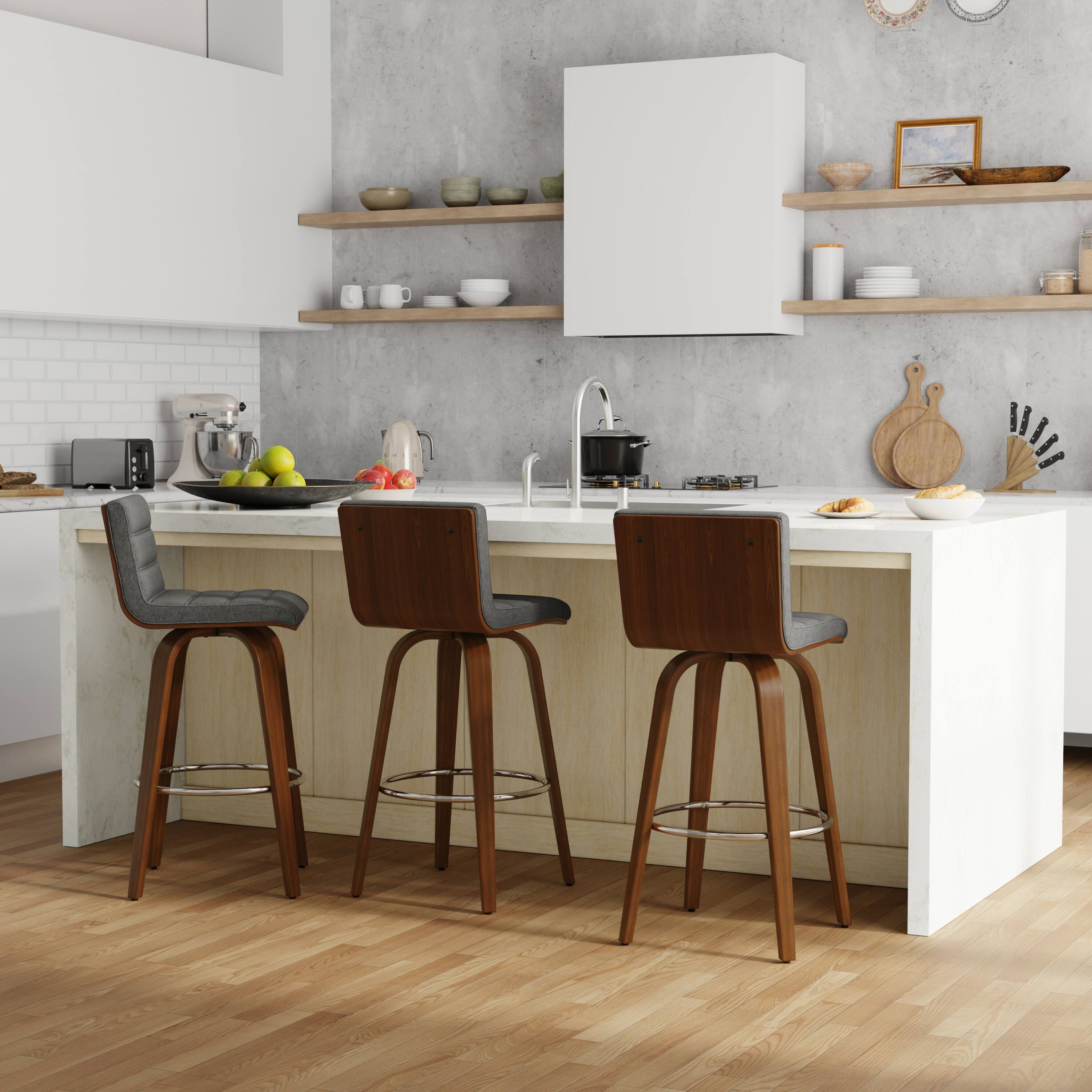 Angle. Simpli Home - Roland Mid Century Modern 28 inch Swivel Bar Stool in Grey Linen Look Fabric - Grey.
