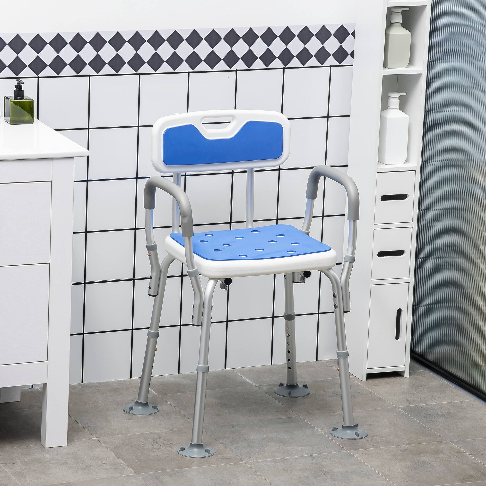 Angle. Homcom - EVA Padded Shower Chair with Arms and Back, Bath Seat with Adjustable Height, Anti-slip Shower Bench for Seniors - Blue.