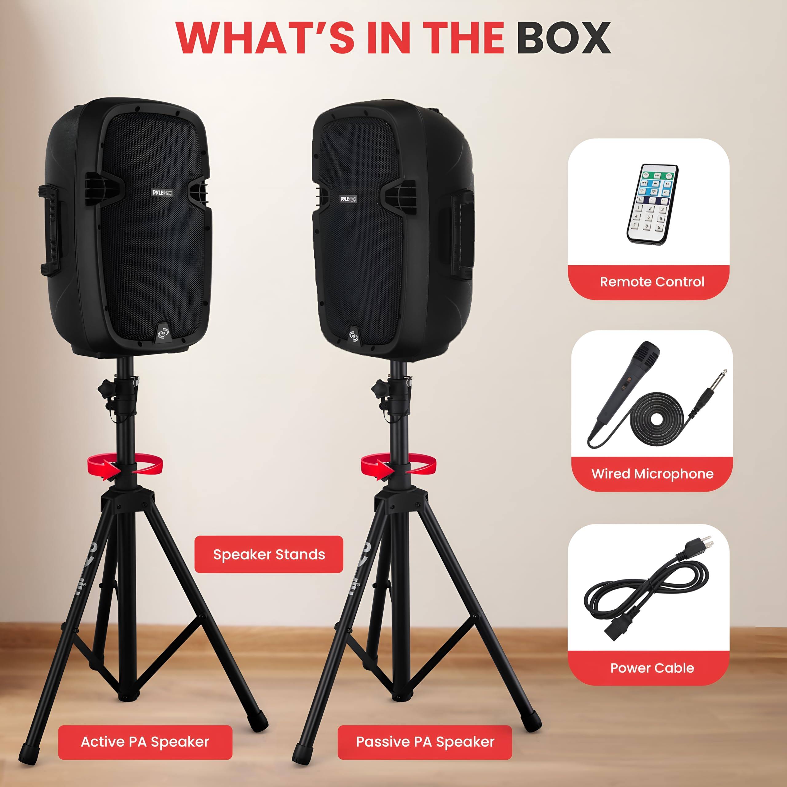 WHAT'S IN THE BOX

- Remote Control
- Wired Microphone
- Speaker Stands
- Power Cable
- Active PA Speaker
- Passive PA Speaker