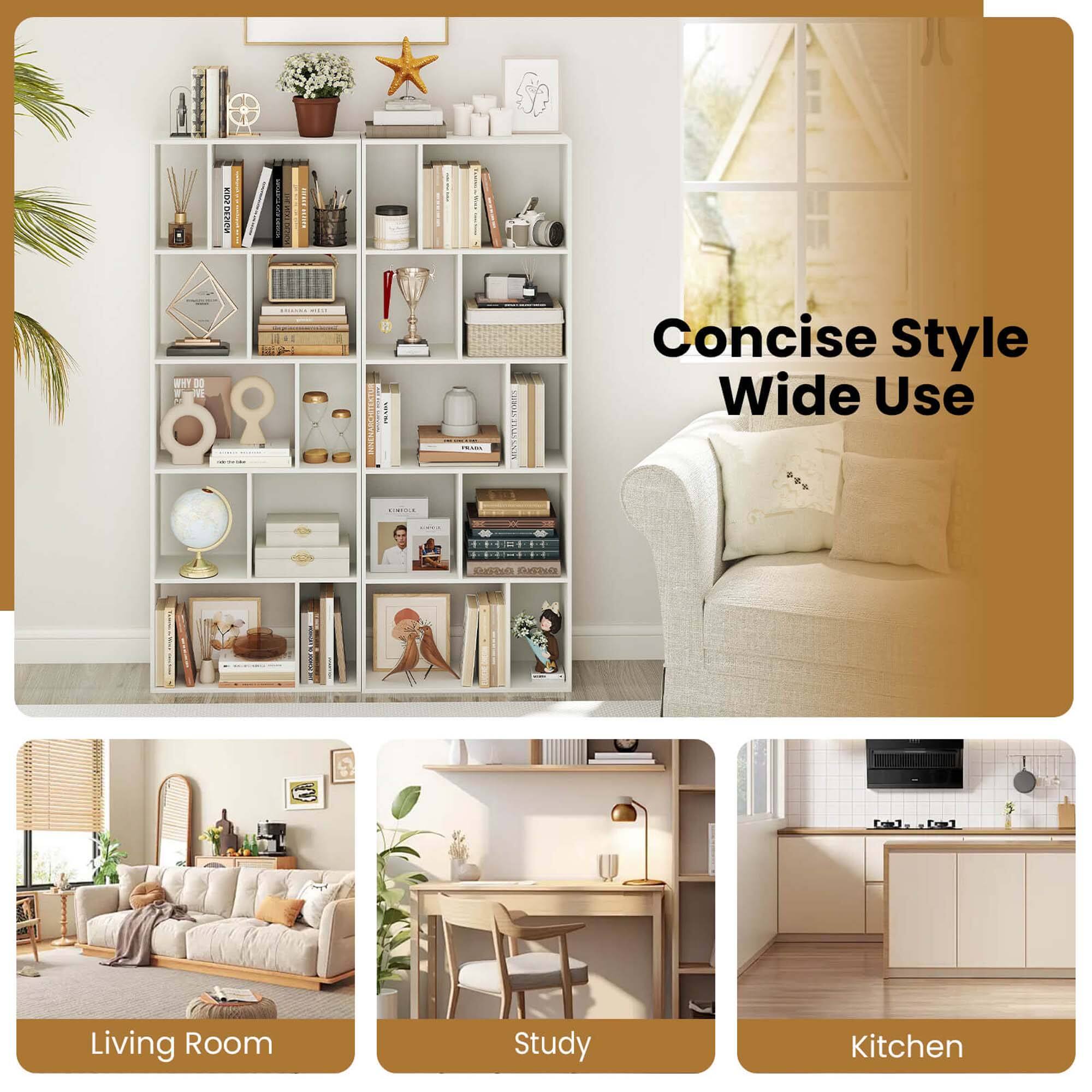 Concise Style Wide Use: "Efficient use of space in a living room, study, and kitchen."