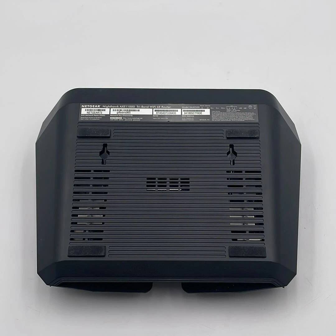 NETGEAR Nighthawk AX11000 Tri-Band WiFi 6E Router - Model RAX200  
Model: RAX200  
Model Number: RAX200  
Serial Number: 941057F70DE  
Part Number: 6T4C3700433  
FCC ID: 6T4C3700433  
IC: 6T4C3700433  
CE: 6T4C3700433  
NETGEAR  
TAS4S7COO43  
e100GETFOD