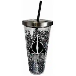 Spoontiques - Harry Potter Deathly Hallows Double Walled Insulated Acrylic Tumbler Glitter Cup with Straw 20 ounce - Multicolor