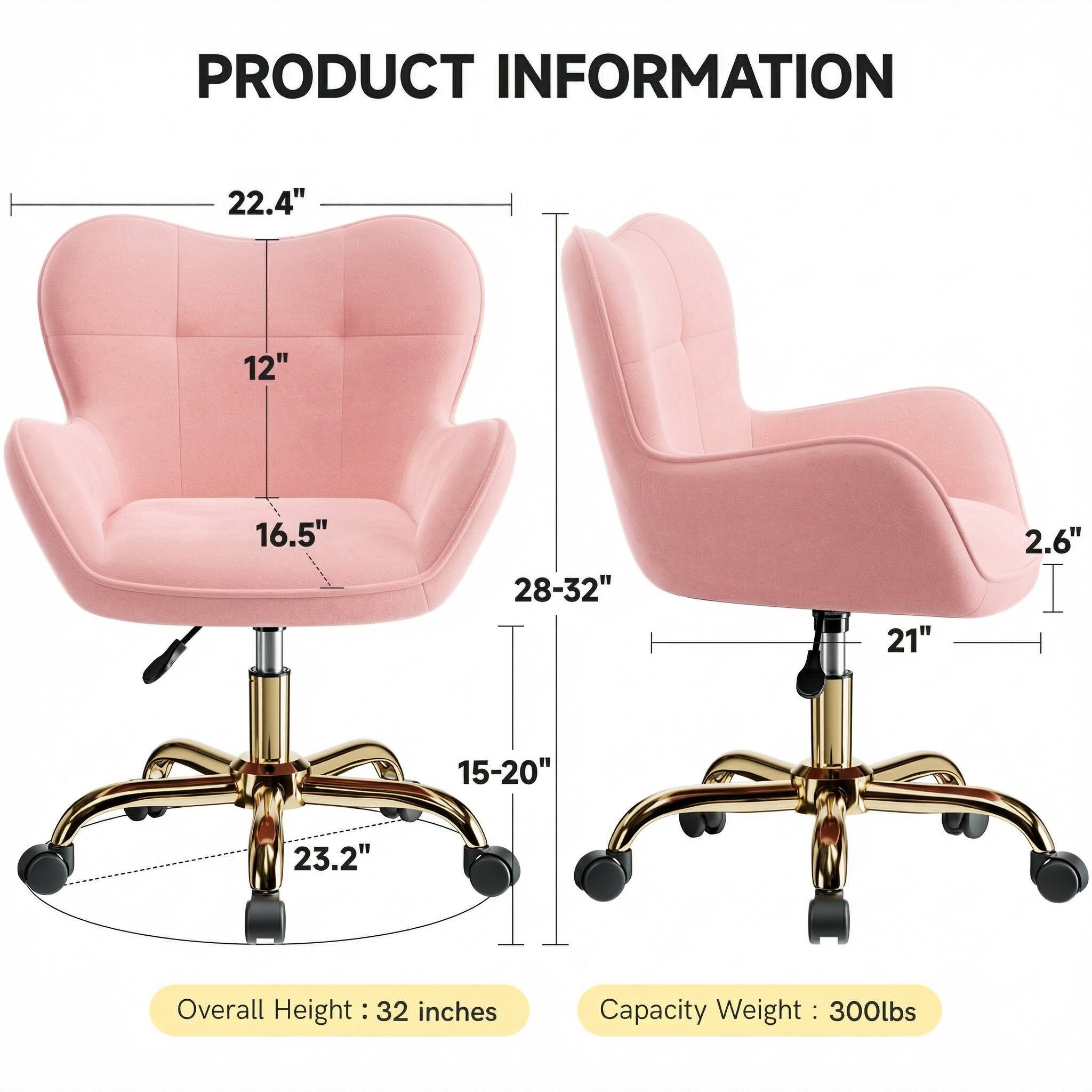 PRODUCT INFORMATION

- Overall Height: 32 inches
- Capacity Weight: 300lbs

Dimensions:
- Width: 22.4"
- Depth: 16.5"
- Seat Height: 15-20"
- Seat Depth: 21"
- Seat Width: 28-32"
- Back Height: 12"
- Back Width: 28-32"
- Armrest Height: 2.6"
- Base Diameter: 23.2"