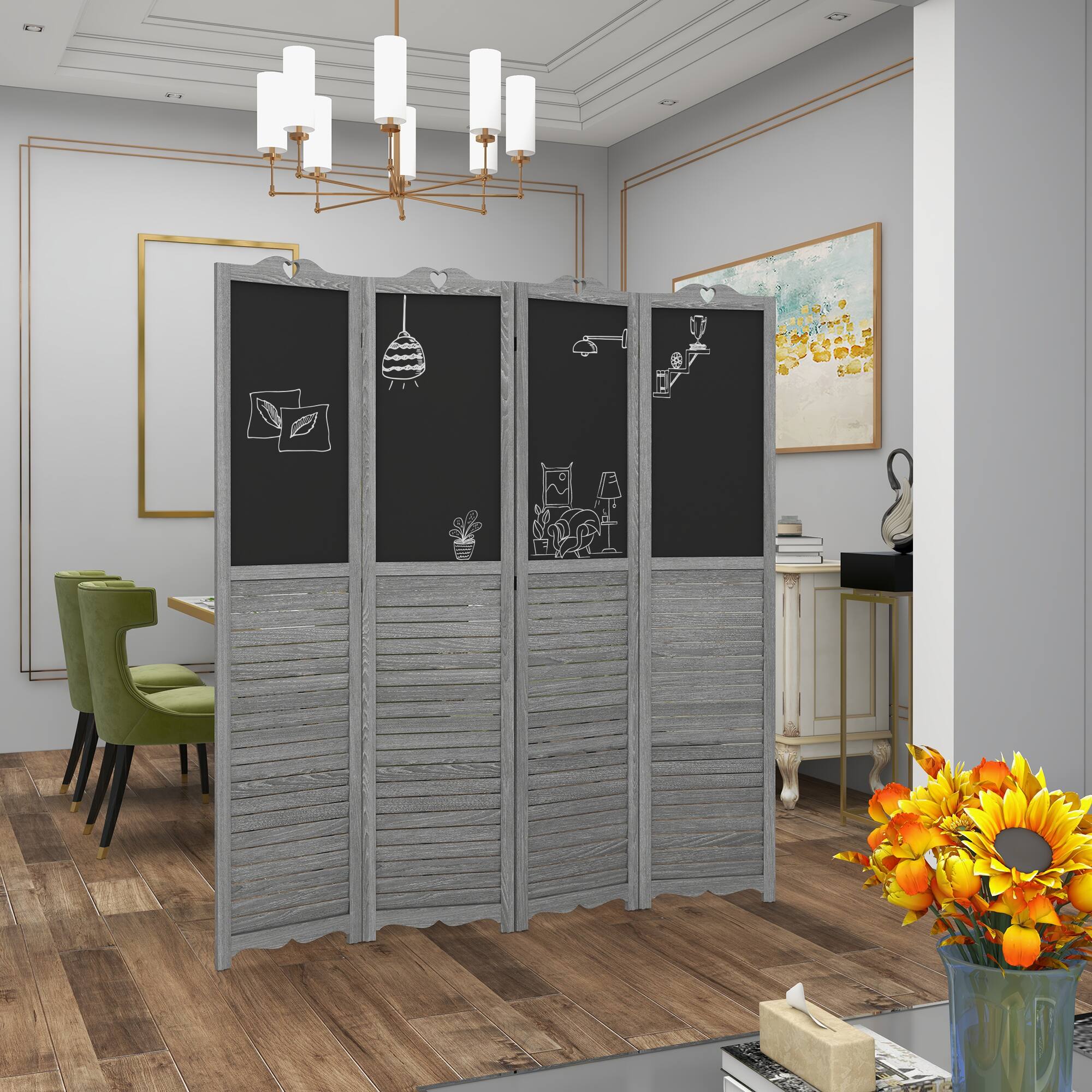 Alt View 1. Homcom - Folding Room Divider with Blackboard, Tall Freestanding Privacy Screen Panels for Bedroom or Office - Gray.