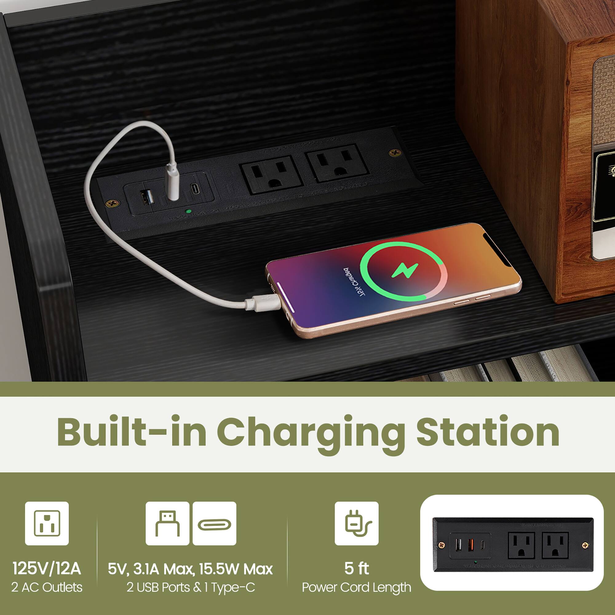 Built-in Charging Station, 125V/12A, 5V, 3.1A Max, 15.5W Max, 2 AC Outlets, 2 USB Ports & 1 Type-C, 5 ft Power Cord Length