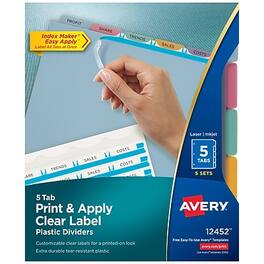 Avery - Index Maker Plastic Dividers with Print & Apply Label Sheets, 5 Tabs, Multicolor, 5 Sets/Pack - Translucent Multicolor