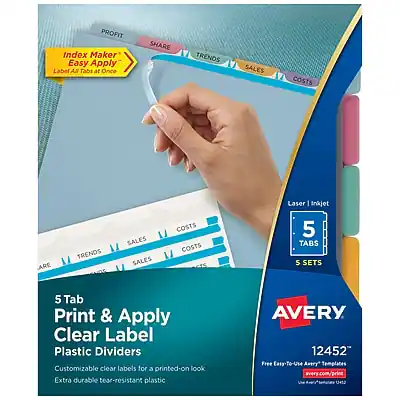 **PROFIT Index Maker Easy Apply Label Tabs at Once**
**SHARE TRENDS SALES COSTS**
**Laser 1 Inkjet**
**5 TABS**
**5 SETS**
**5 Tab Print & Apply Clear Label Plastic Dividers**
**Customizable clear labels for a printed-on look**
**Extra durable tear-resistant plastic**
**AVERY**
**12452**
**Free Easy-To-Use Avery Templates**
**avery.com/print**
