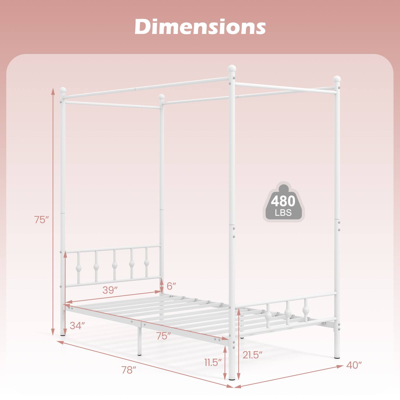 Dimensions
75"
480 LBS
39"
6"
34"
75"
78"
11.5"
21.5"
40"