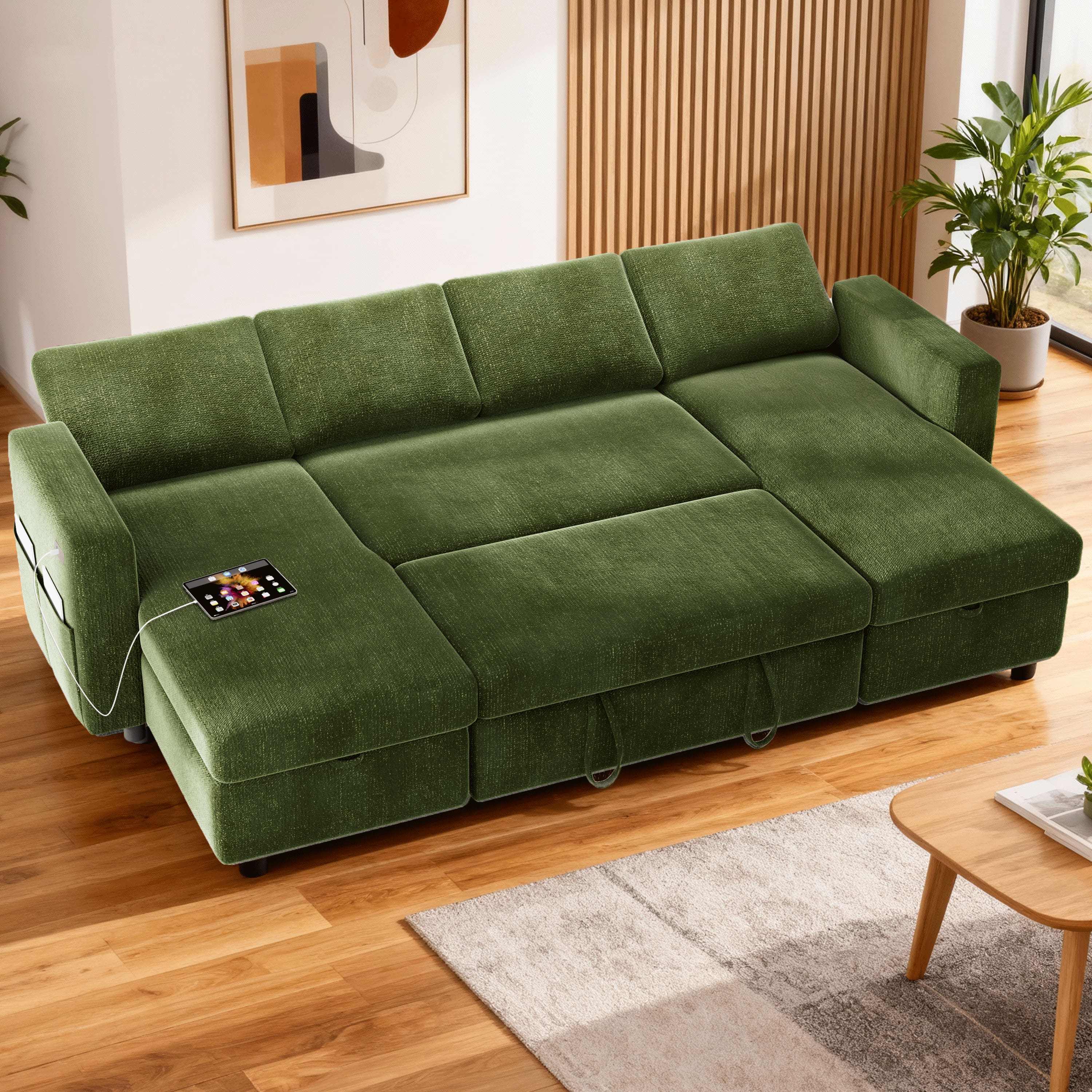Dyonery - 105" Sectional Sleeper Sofa,Pull Out Couch with Reclining Backrest,USB Ports, Tool-Free Assembly, Chenille Green - Chenille Green