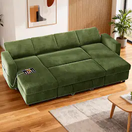 Dyonery - 105" Sectional Sleeper Sofa,Pull Out Couch with Reclining Backrest,USB Ports, Tool-Free Assembly, Chenille Green - Chenille Green