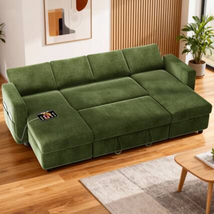 Front. Dyonery - 105" Sectional Sleeper Sofa,Pull Out Couch with Reclining Backrest,USB Ports, Tool-Free Assembly, Chenille Green - Chenille Green.