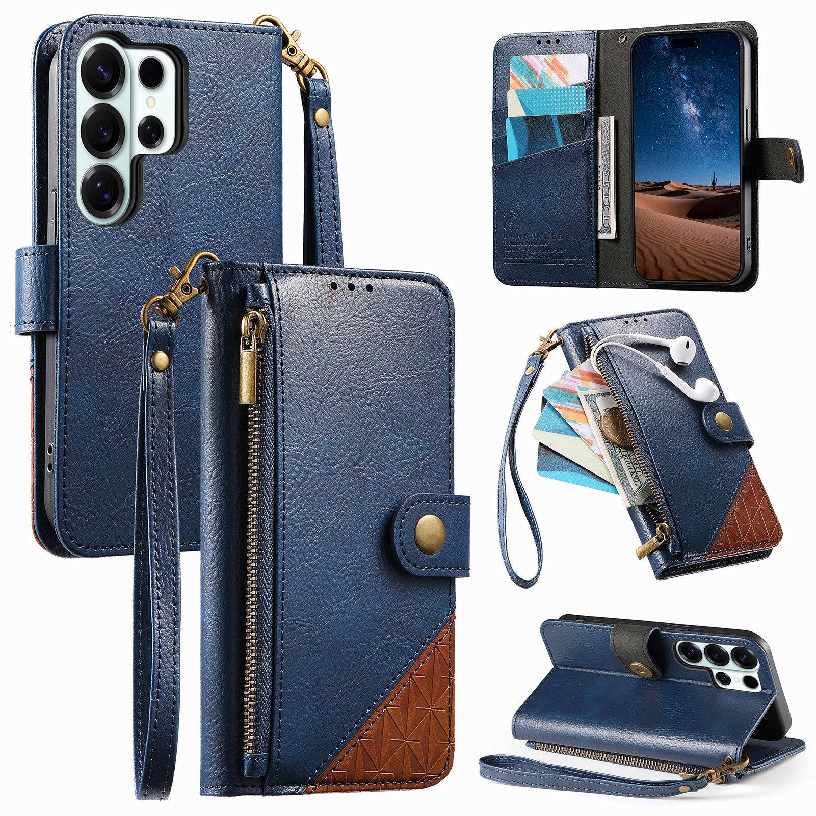 Dteck - For Samsung Galaxy S26 Ultra Wallet Case Business Shockproof PU Leather Flip Kickstand Zipper Card Pocket Cover+Strap - Blue