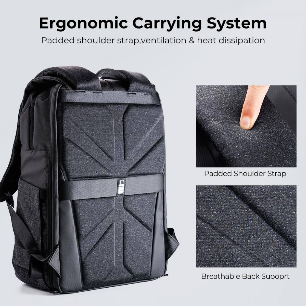Ergonomic Carrying System  
Padded shoulder strap, ventilation & heat dissipation  
Padded Shoulder Strap  
Breathable Back Support