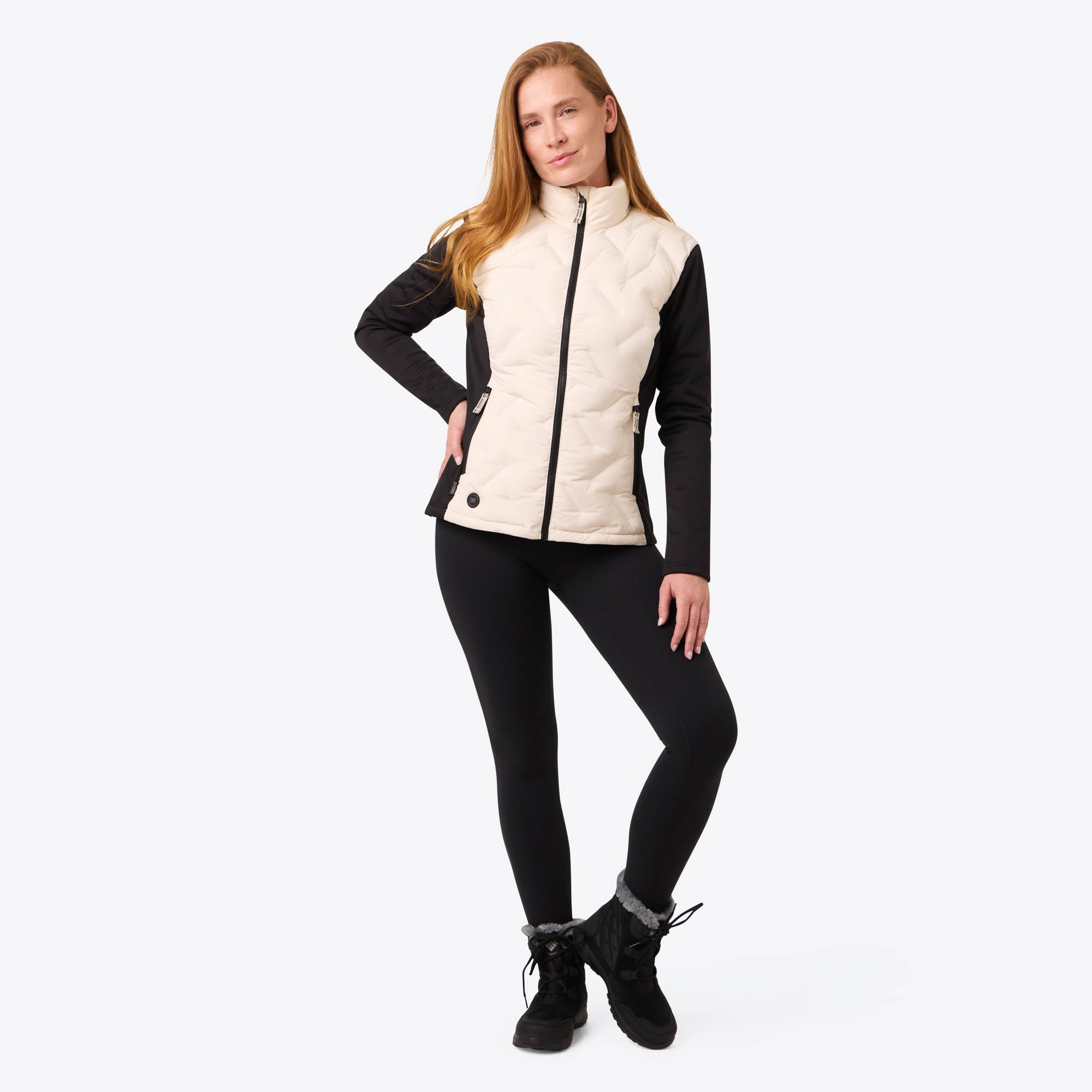 Alt View 2. Mobile Warming - Women's Aria Hybrid Heated Jacket - Cream/Black.