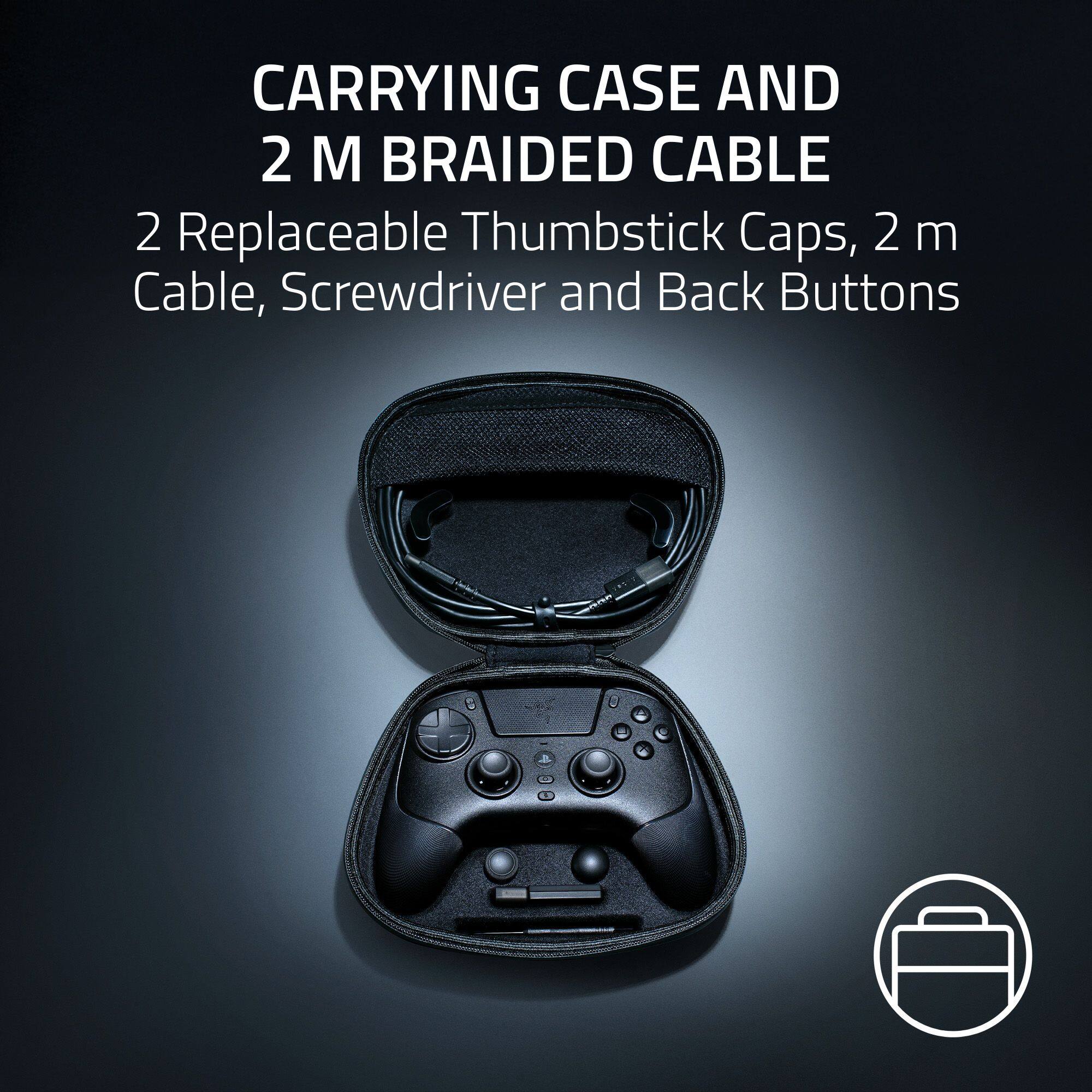 CARRYING CASE AND 2 M BRAIDED CABLE  
2 Replaceable Thumbstick Caps, 2 m Cable, Screwdriver and Back Buttons