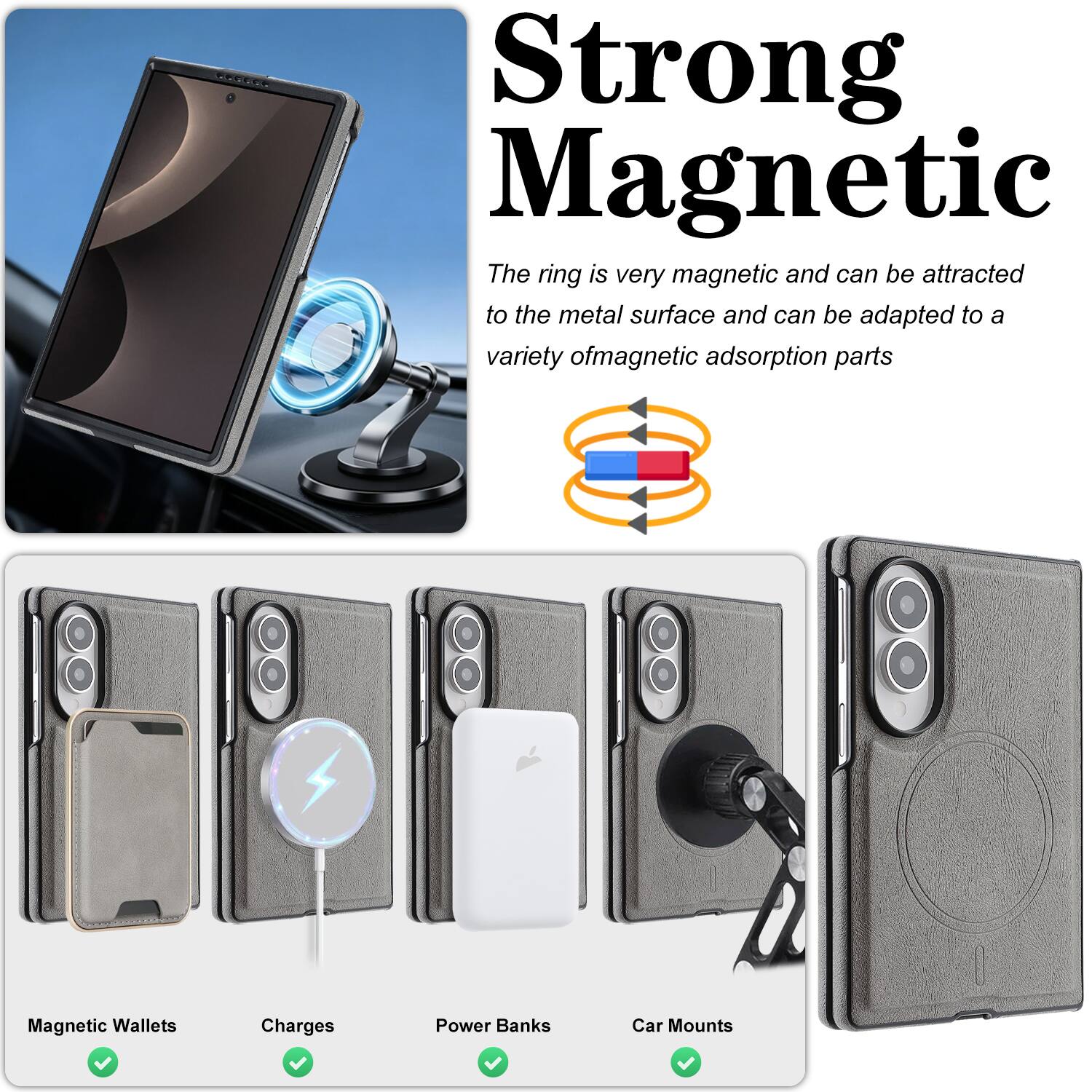 Strong Magnetic  
The ring is very magnetic and can be attracted to the metal surface and can be adapted to a variety of magnetic adsorption parts  
Magnetic Wallets  
Charges  
Power Banks  
Car Mounts