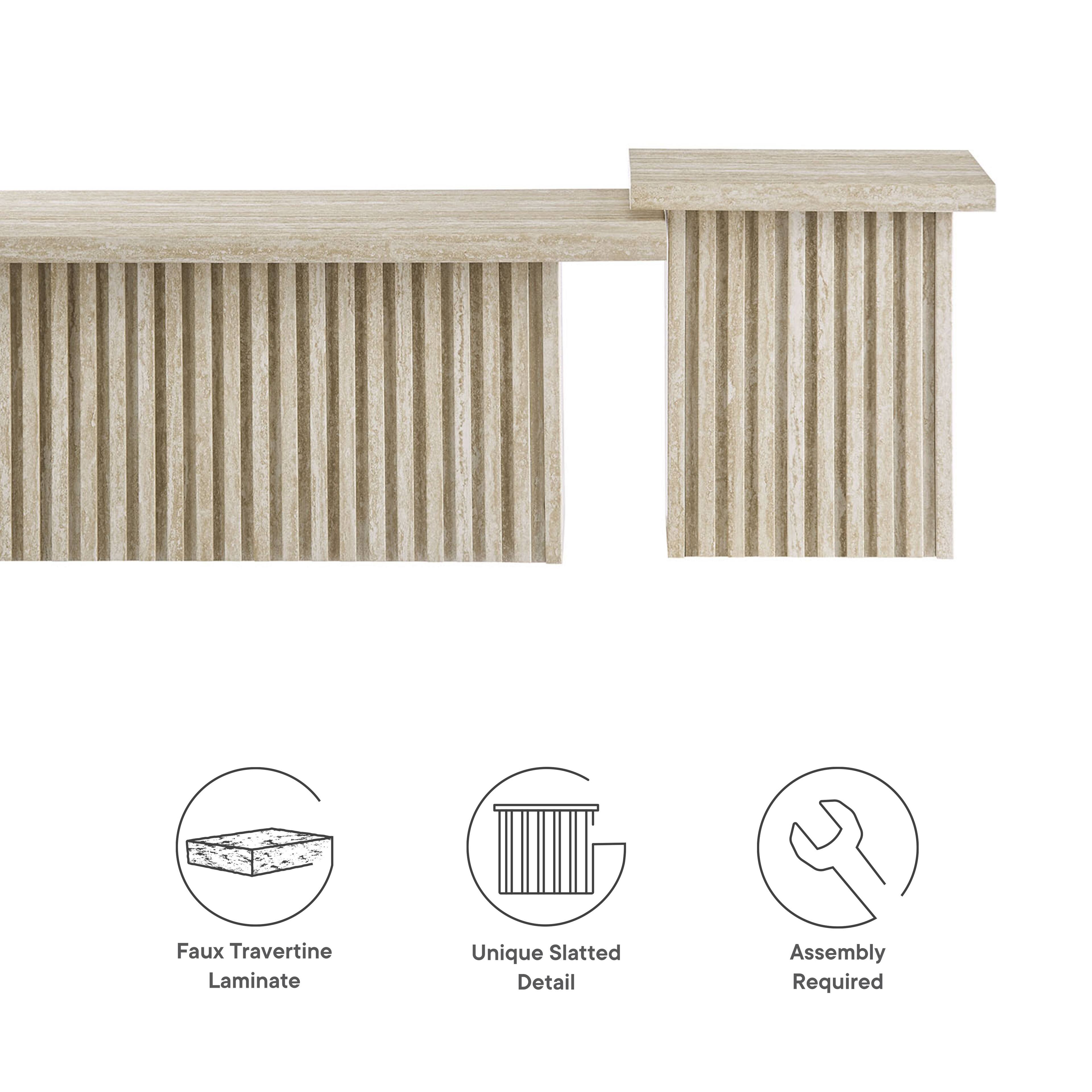 Faux Travertine Laminate  
Unique Slatted Detail  
Assembly Required
