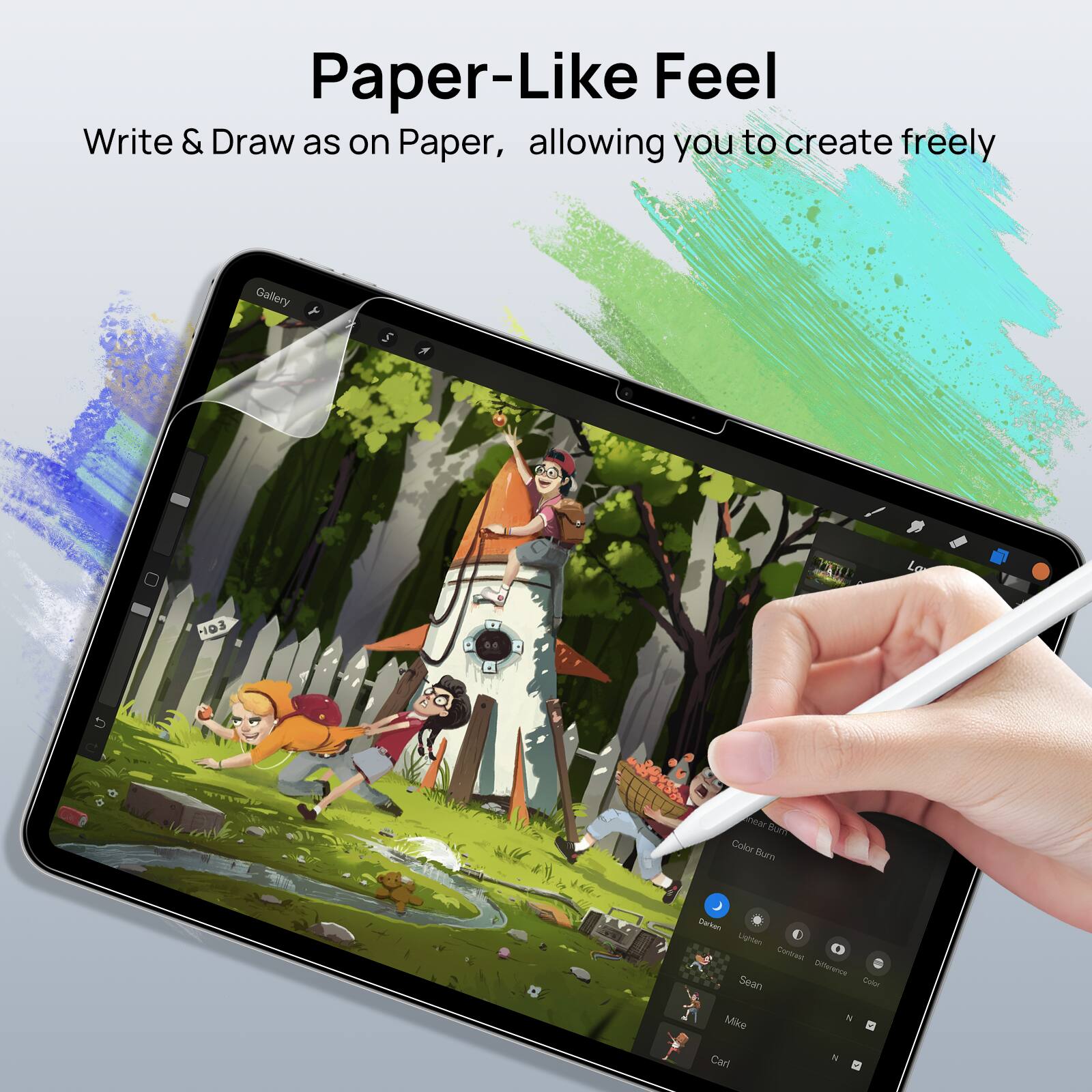 Paper-Like Feel: Write & Draw as on Paper, allowing you to create freely. Gallery: D3 hear blue, calico, burnt orange, dark green, lighten, and white.