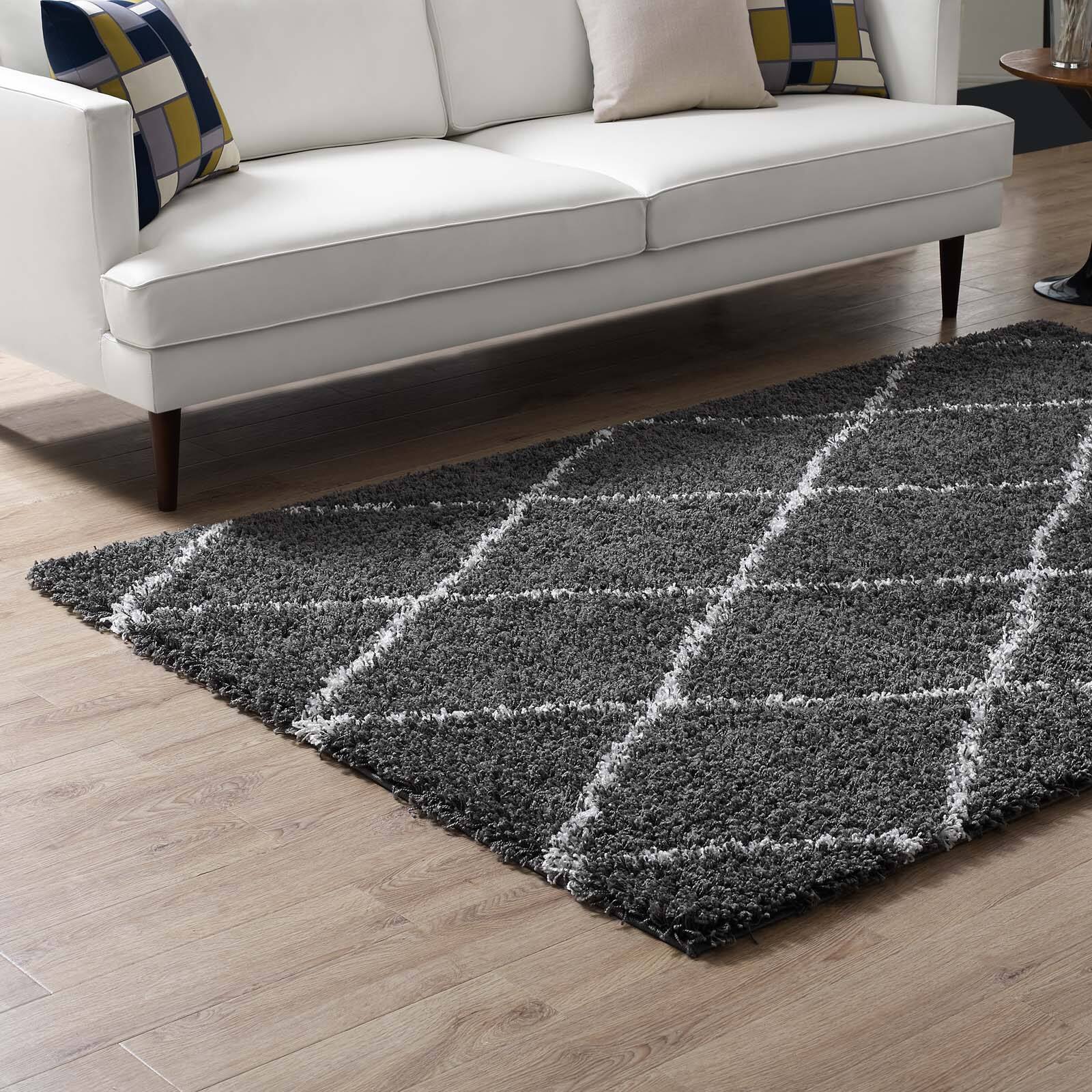 Back. Modway - Toryn Diamond Lattice Shag Area Rug - Dark Gray and Ivory.