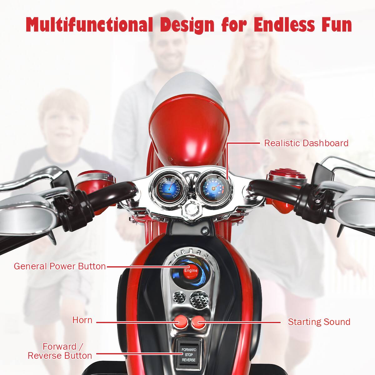 Multifunctional Design for Endless Fun

- Realistic Dashboard
- General Power Button
- Horn
- Forward / Reverse Button
- Starting Sound