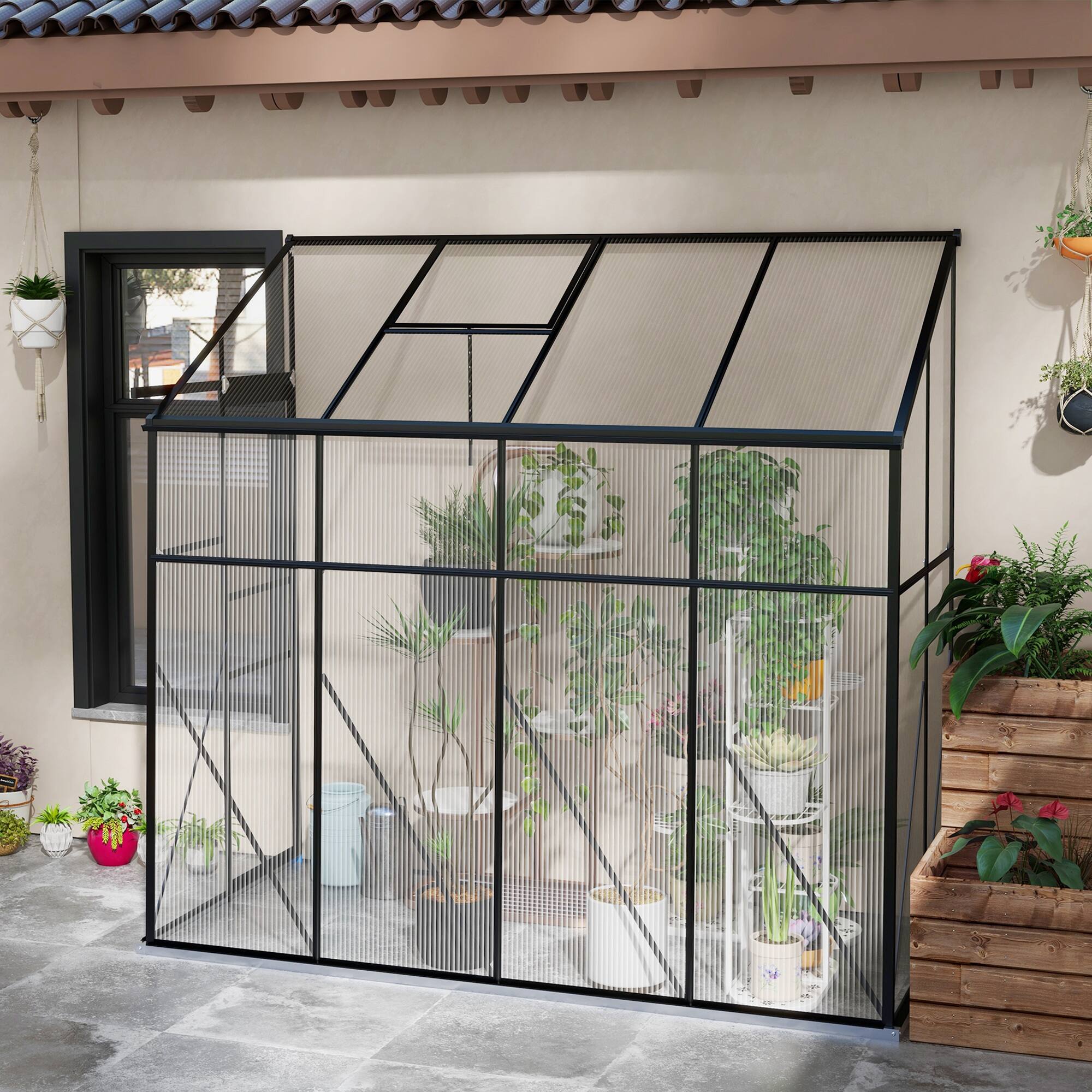 Alt View 1. Outsunny - 8' x 4' Lean-to Polycarbonate Greenhouse, Walk-in Hobby Green House with Sliding Door, 5-Level Roof Vent.