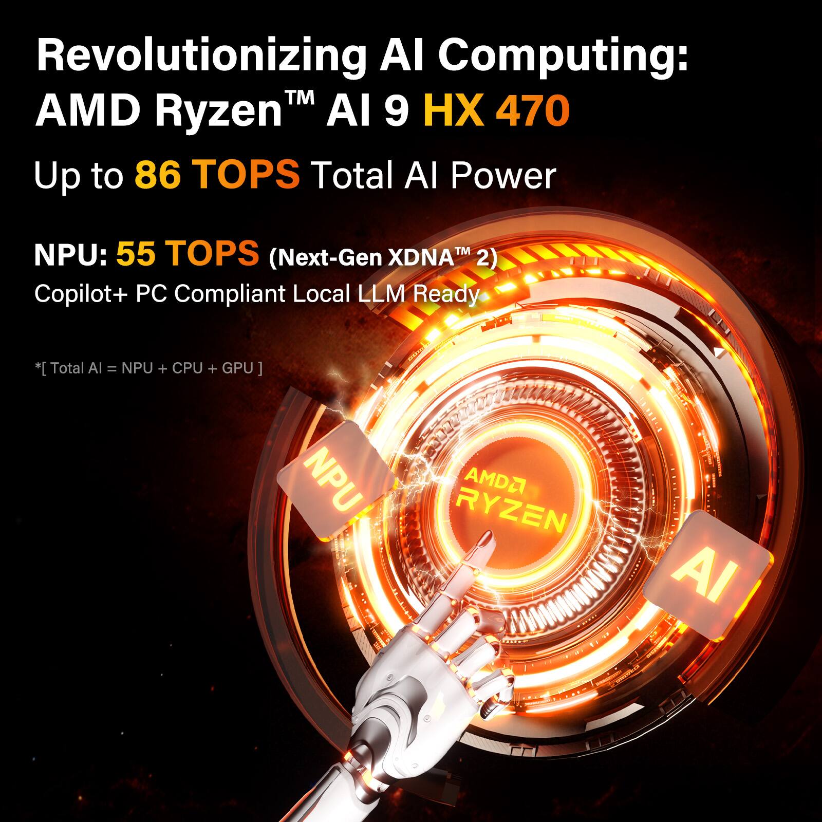 Revolutionizing AI Computing:  
AMD Ryzen™ AI 9 HX 470  
Up to 86 TOPS Total AI Power  

NPU: 55 TOPS (Next-Gen XDNA™ 2)  
Copilot+ PC Compliant Local LLM Ready  

*Total AI = NPU + CPU + GPU*