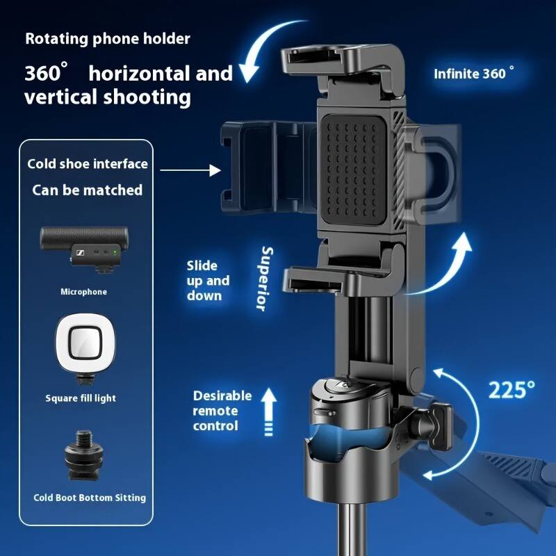 Rotating phone holder  
360° horizontal and vertical shooting  
Infinite 360°  

Cold shoe interface  
Can be matched  

Microphone  
Slide up and down  

Square fill light  

Desirable remote control  

225°  

Cold Boot Bottom Sitting