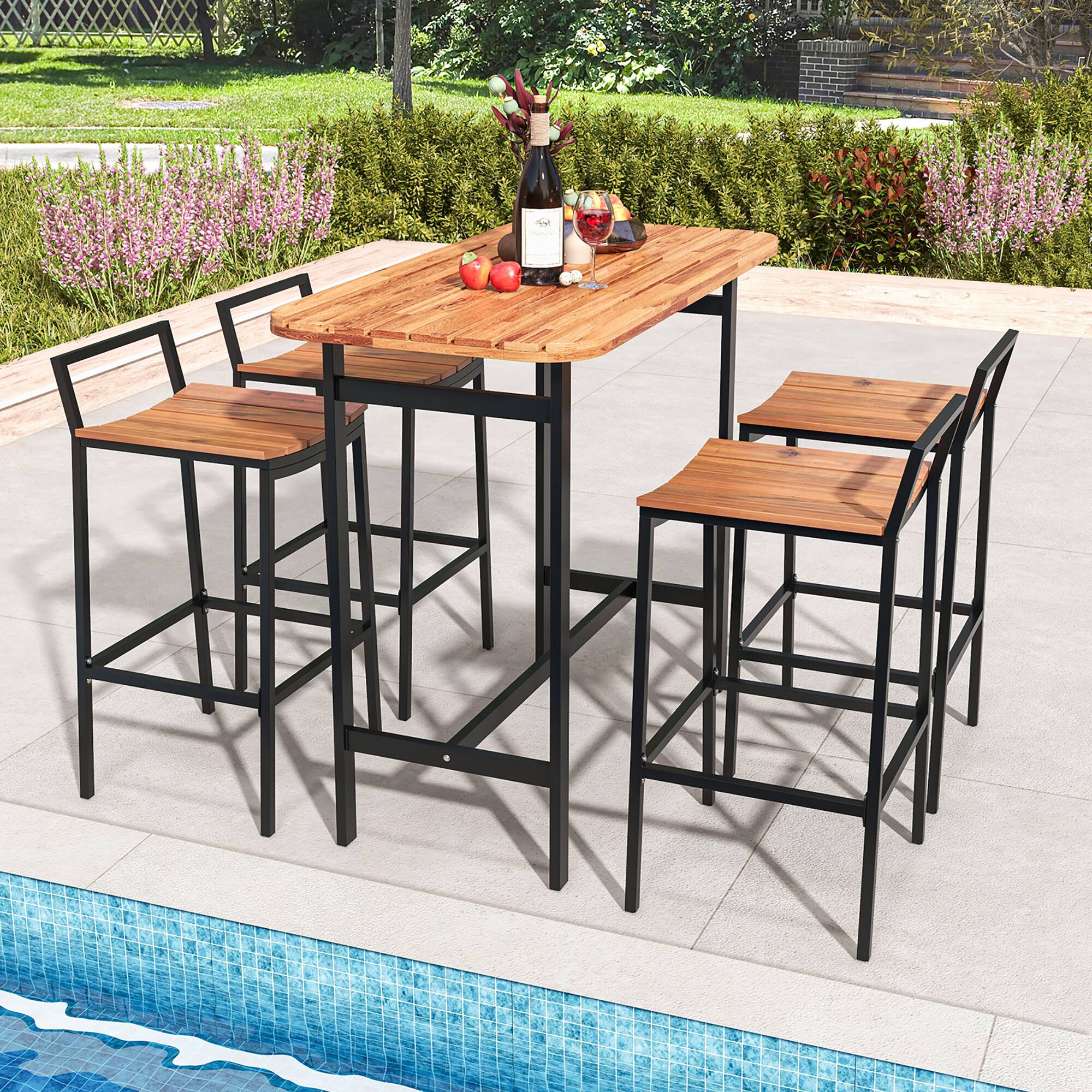 Alt View 1. Gymax - Gymax Acacia Wood Patio Table & Chair Set 5 Pcs Outdoor Dining Set w/ 1 Table & 4 Bar Height Chairs - Natural, Black.