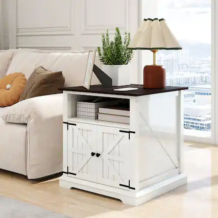 Front. Vipbear - 24" Wooden End Table with Charging Station, Large Side Table with Barn Doors and 4 Shelves - White.