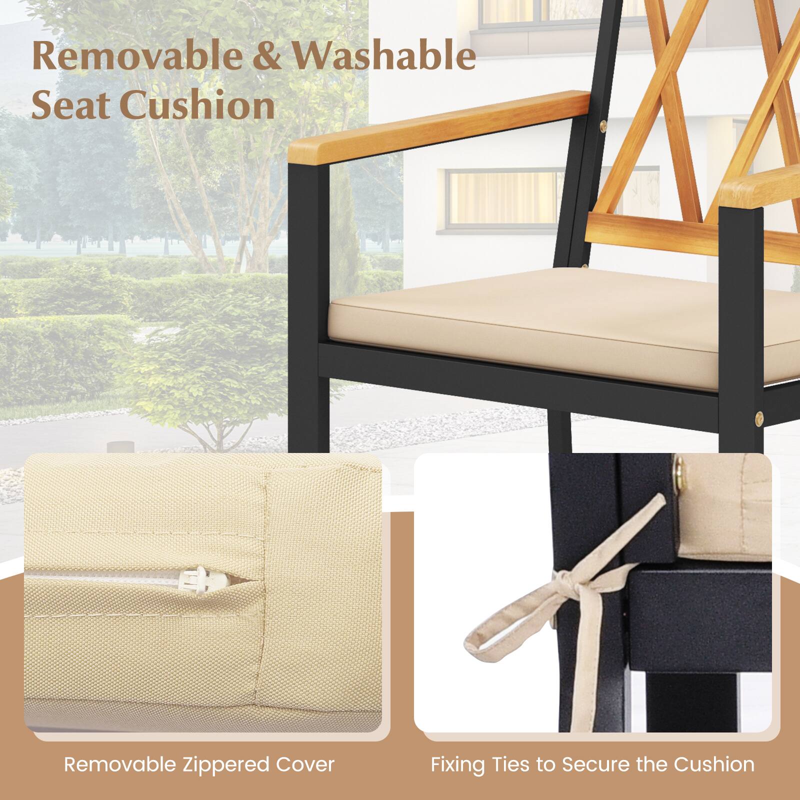 Removable & Washable Seat Cushion

Removable Zippered Cover

Fixing Ties to Secure the Cushion
