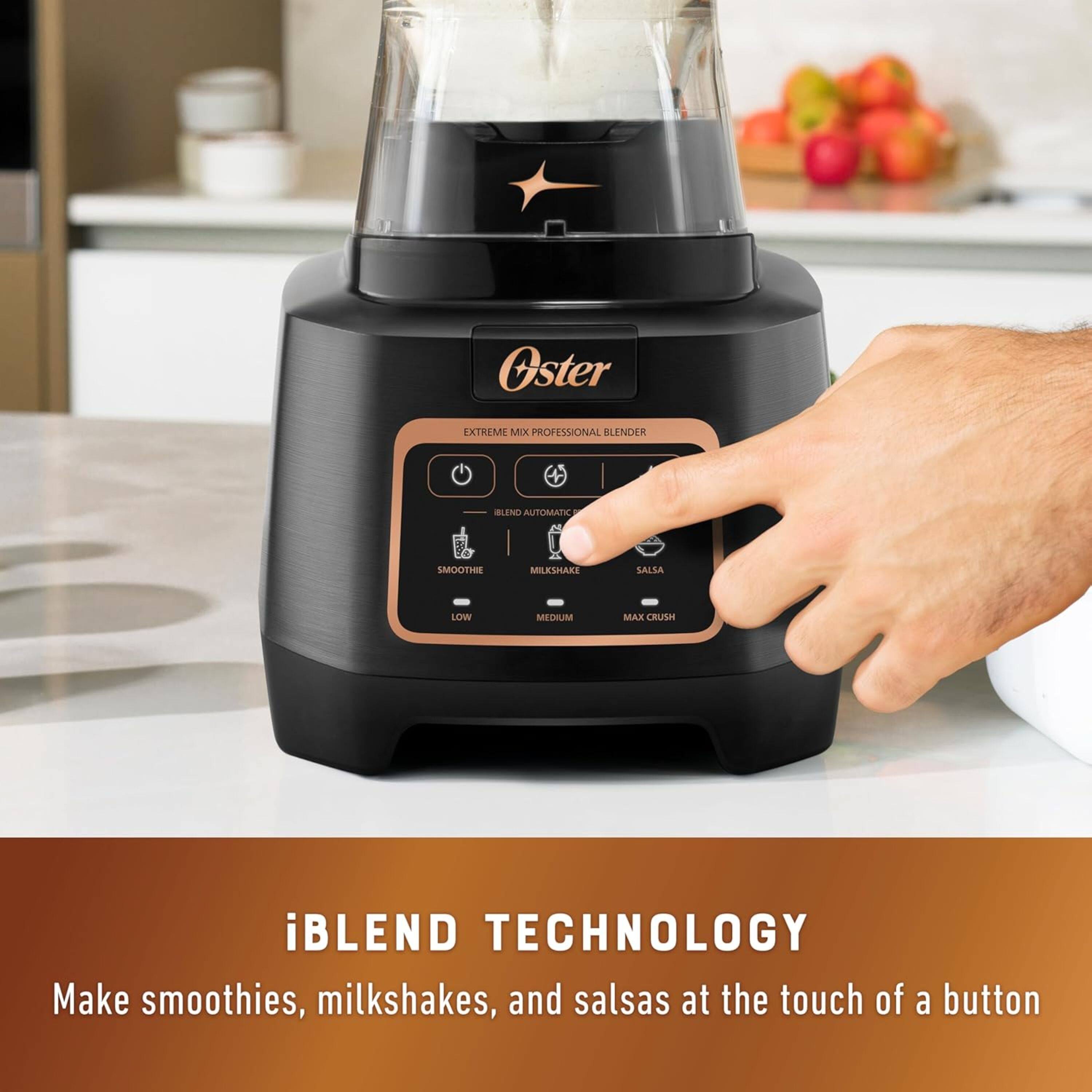 Oster EXIREME MIX PROFESSIONAL KLENDER BLENDER AUTOMATIC SMOOTHIE MILKSHAKE SALSA LOW MEDIUM MAX CRUSH iBLEND TECHNOLOGY Make smoothies, milkshakes, and salsas at the touch of a button.