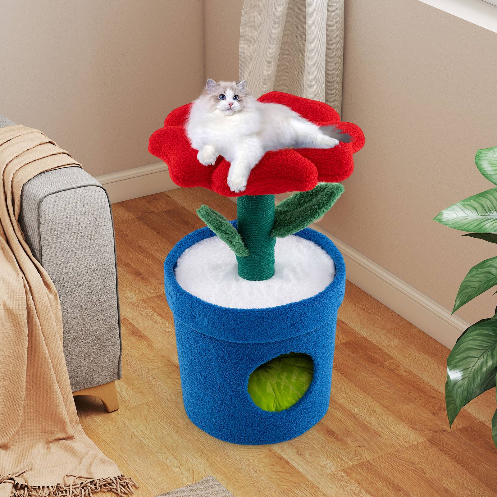 Alt View 3. Gymax - Gymax Cute Cat Tree for Indoor Cats Kitten Tower w/Flower Padded Perch Planter Condo Red & Blue & White.
