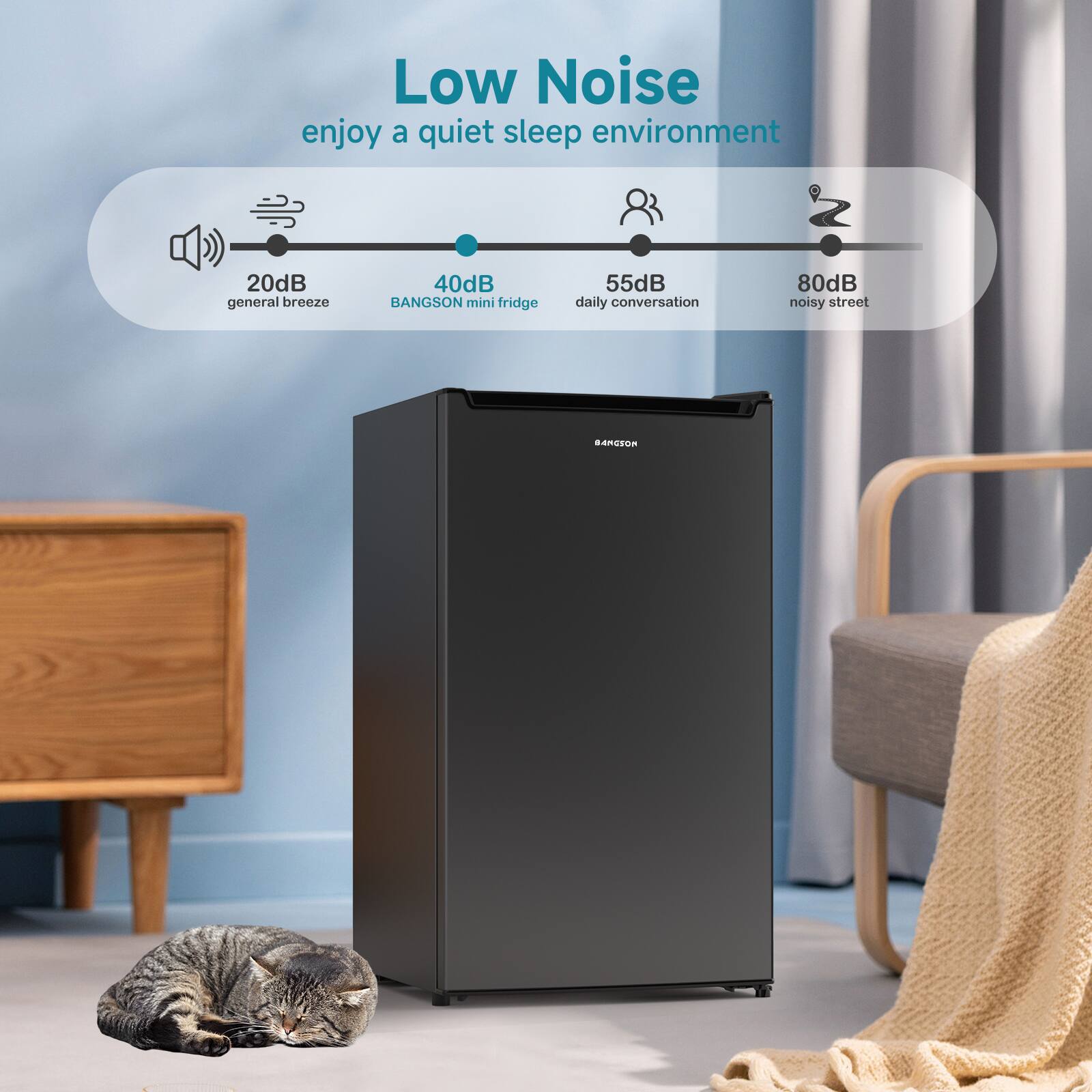 Low Noise  
enjoy a quiet sleep environment  

20dB general breeze  
40dB BANGSON mini fridge  
55dB daily conversation  
80dB noisy street