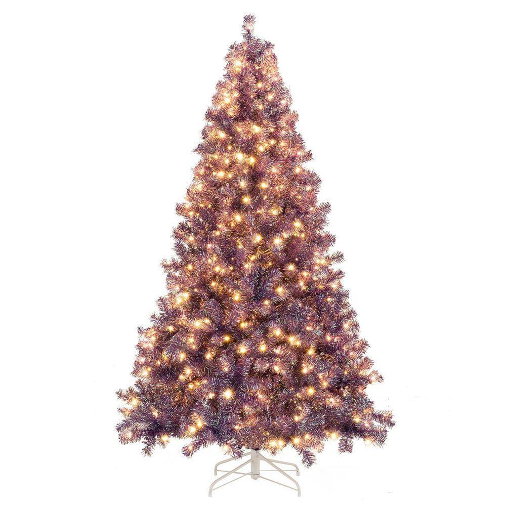 Front. Resenkos - Resenkos Medium Pre-Lit Tinsel Artificial Christmas Tree - LEDs, Deep Purple - Purple.