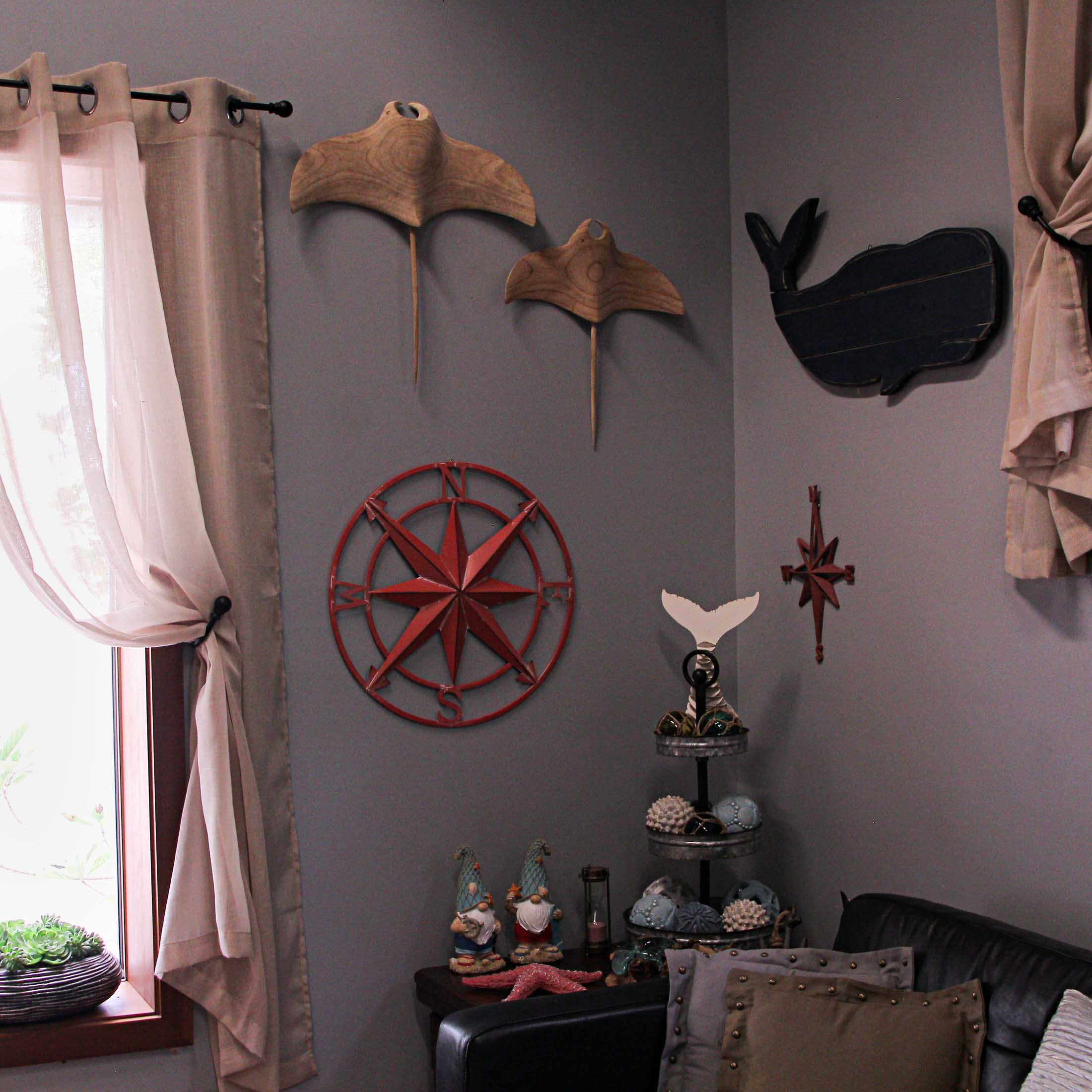 Alt View 3. Zeckos - 20 Inch Distressed Metal Compass Rose Nautical Wall Decor Indoor Outdoor, Coral - Coral.