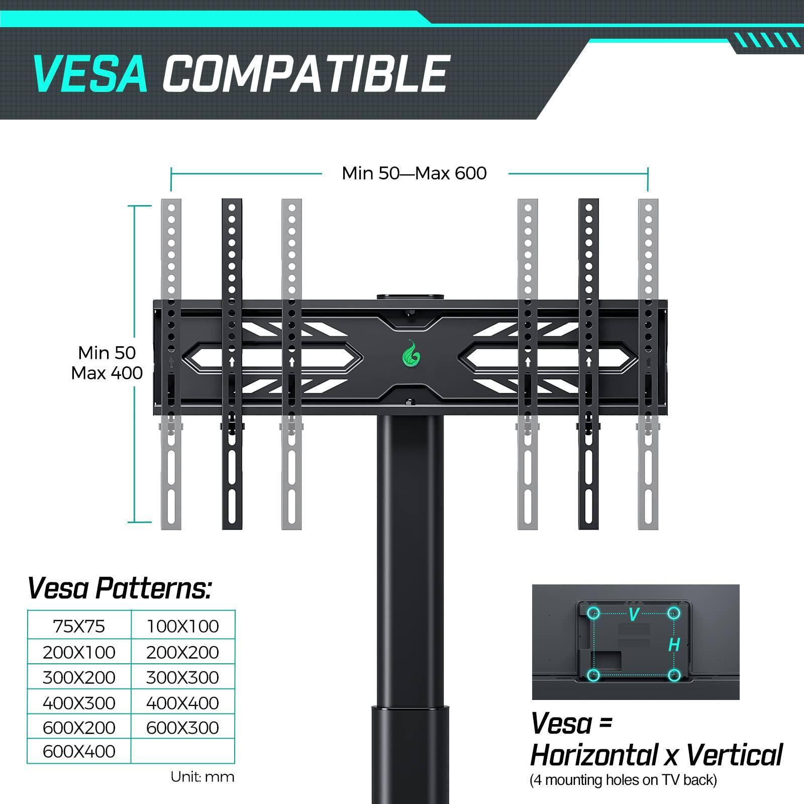 VESCA COMPATIBLE  
Min 50 - Max 600  
Min 50 Max 400  

Vesa Patterns:  
75X75  
100X100  
200X100  
200X200  
300X200  
300X300  
400X300  
400X400  
600X200  
600X300  
600X400  

Unit: mm  

Vesa = Horizontal x Vertical  
(4 mounting holes on TV back)