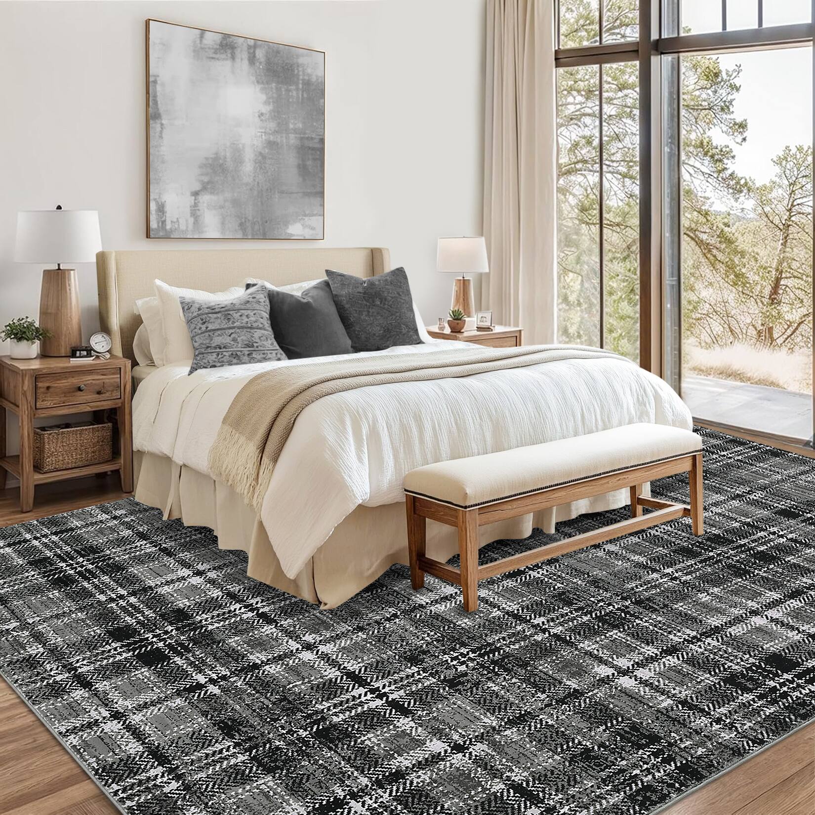 Back. Jojoka - Modern Geometric Area Rug Irregular Grid Pattern Washable Non Slip Ultra Thin Low Pile Rug for Living Room Laundry - Grey.