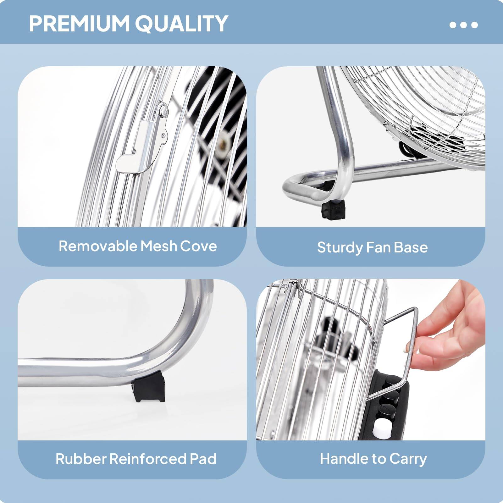 PREMIUM QUALITY

- Removable Mesh Cove
- Sturdy Fan Base
- Rubber Reinforced Pad
- Handle to Carry