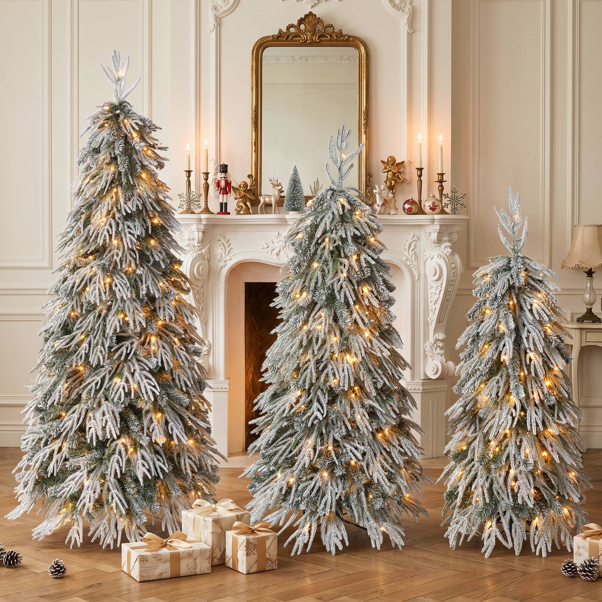 Left. Jandcase - 3-Piece Set  Christmas Trees with Control Lighting, Flocked Weeping Branches, and Multi-Level Forest - Green.