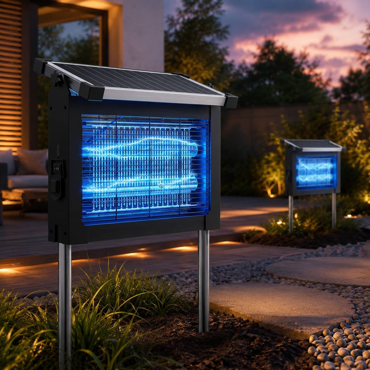 Angle. Anysun - Solar and USB Powered Mosquito Zapper with 4500V Grid, 10W Solar Panel & Multiple Modes – Indoor/Outdoor Use - Black.