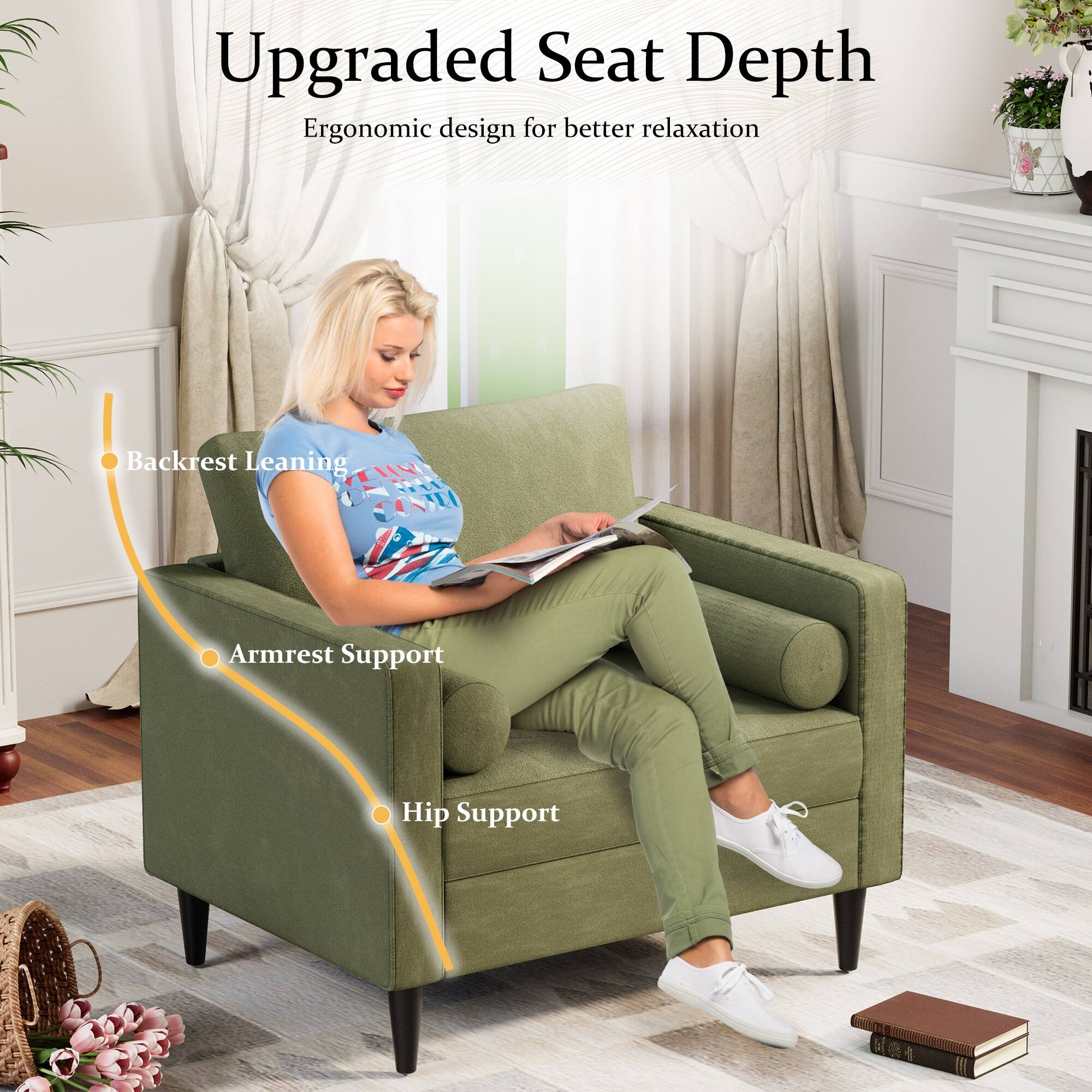 Upgraded Seat Depth  
Ergonomic design for better relaxation  

- Backrest Leaning  
- Armrest Support  
- Hip Support