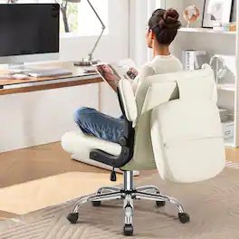 KERDOM - Ergonomic Home Office Chair with Flip Backrest, Thick Cushion Back Pain Relief, PU Leather Swivel Wide Seat Vanity Chair - White