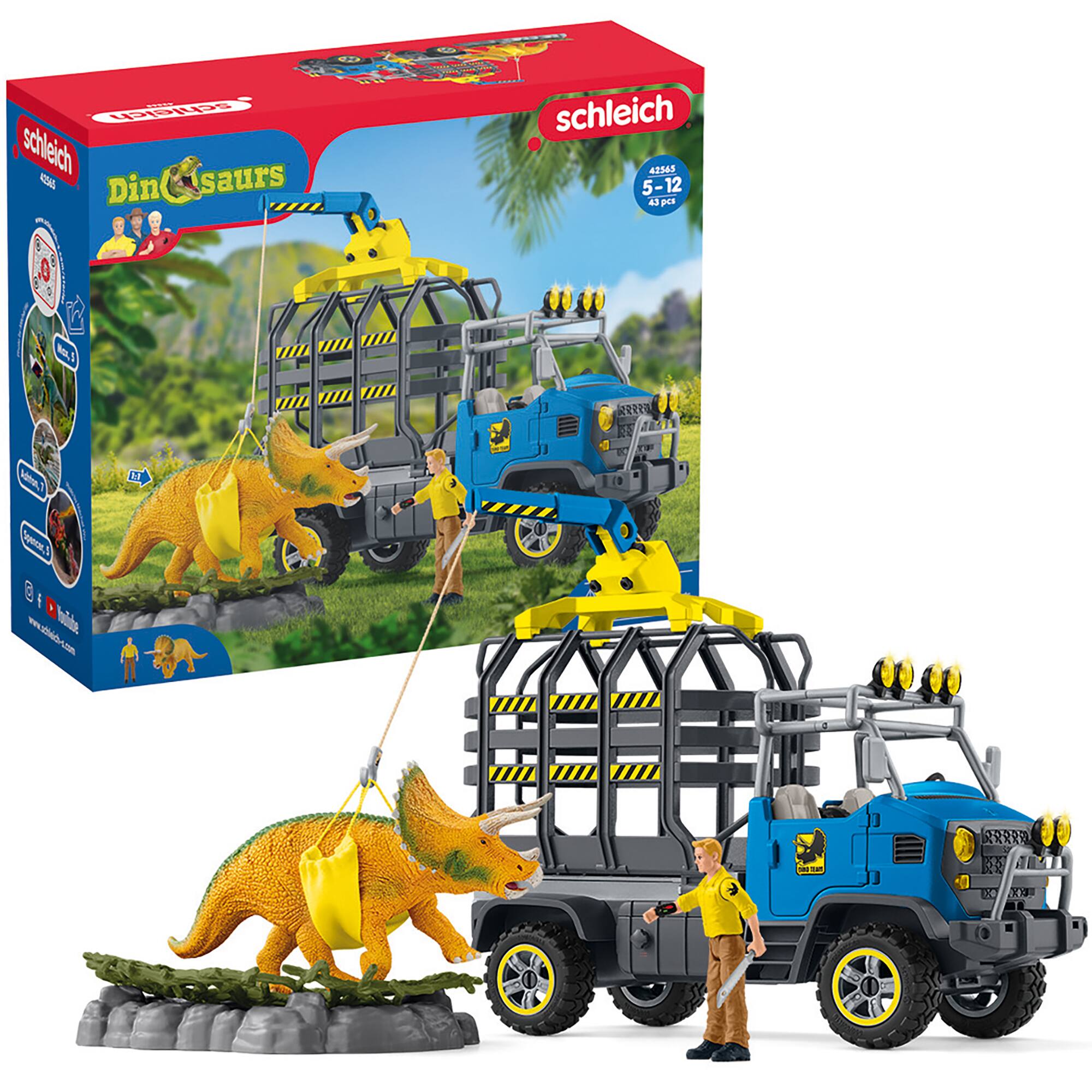 Dinosaurs are a popular toy theme, and Schleich has created a set of dinosaurs that includes a truck and a dinosaur. The set is designed for children aged 5-12 and consists of 43 pieces. The dinosaur is yellow and green, and the truck is blue. The set is a fun and educational toy that allows children to explore the world of dinosaurs and learn about their habitats and behaviors.