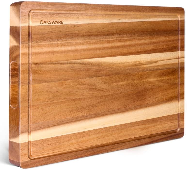 Front. PARKER SLATER - Large Acacia Wood Cutting Board 16.5x13 – Reversible, Juice Groove, Handles.