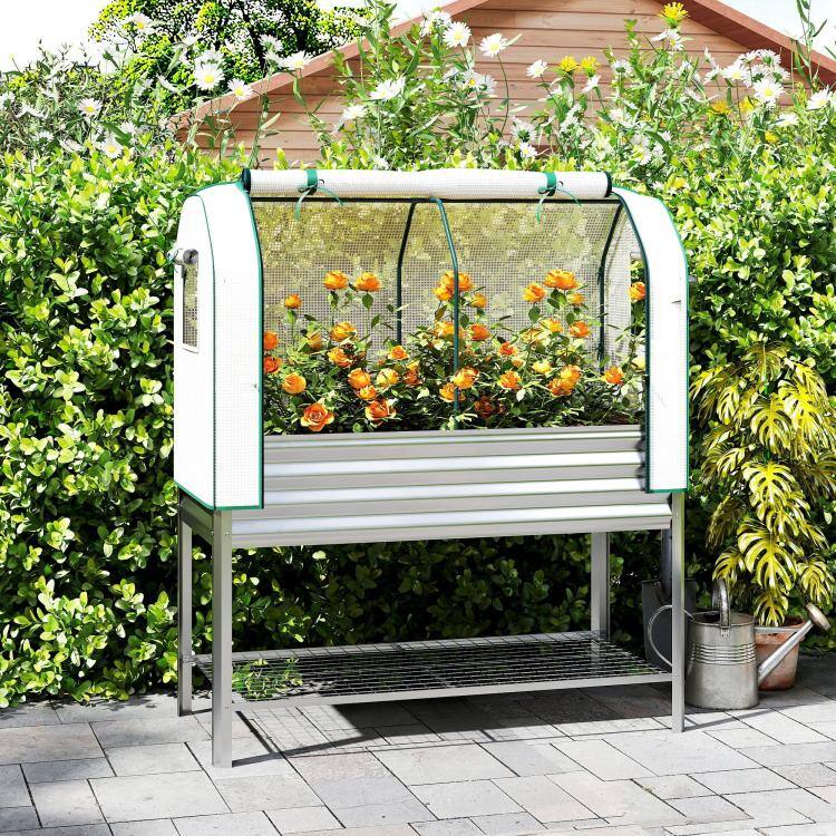 Alt View 2. PULUZ - Galvanised Raised Garden Bed with Greenhouse Cover, Metal Elevated Garden Bed with Bed Liner, Bottom Shelf - Silver.